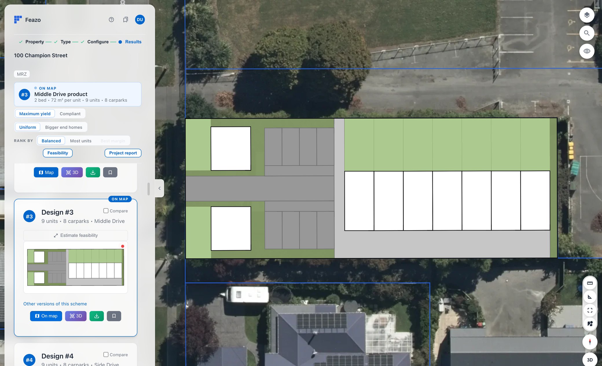Feazo showing a generated nine-home layout drawn on the aerial of a Champion Street site, with the ranked schemes beside it
