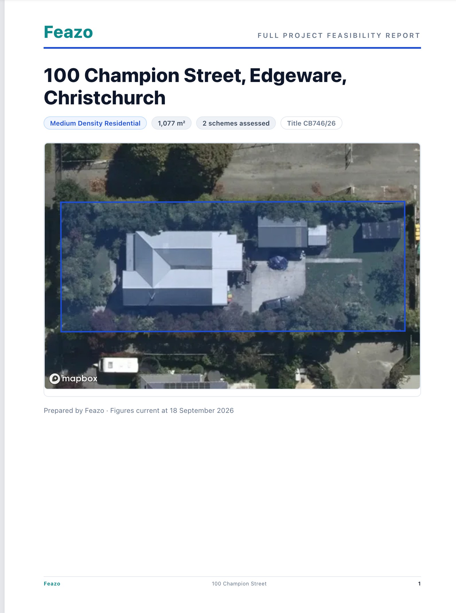 Page one of a Feazo full project feasibility report for a Champion Street site