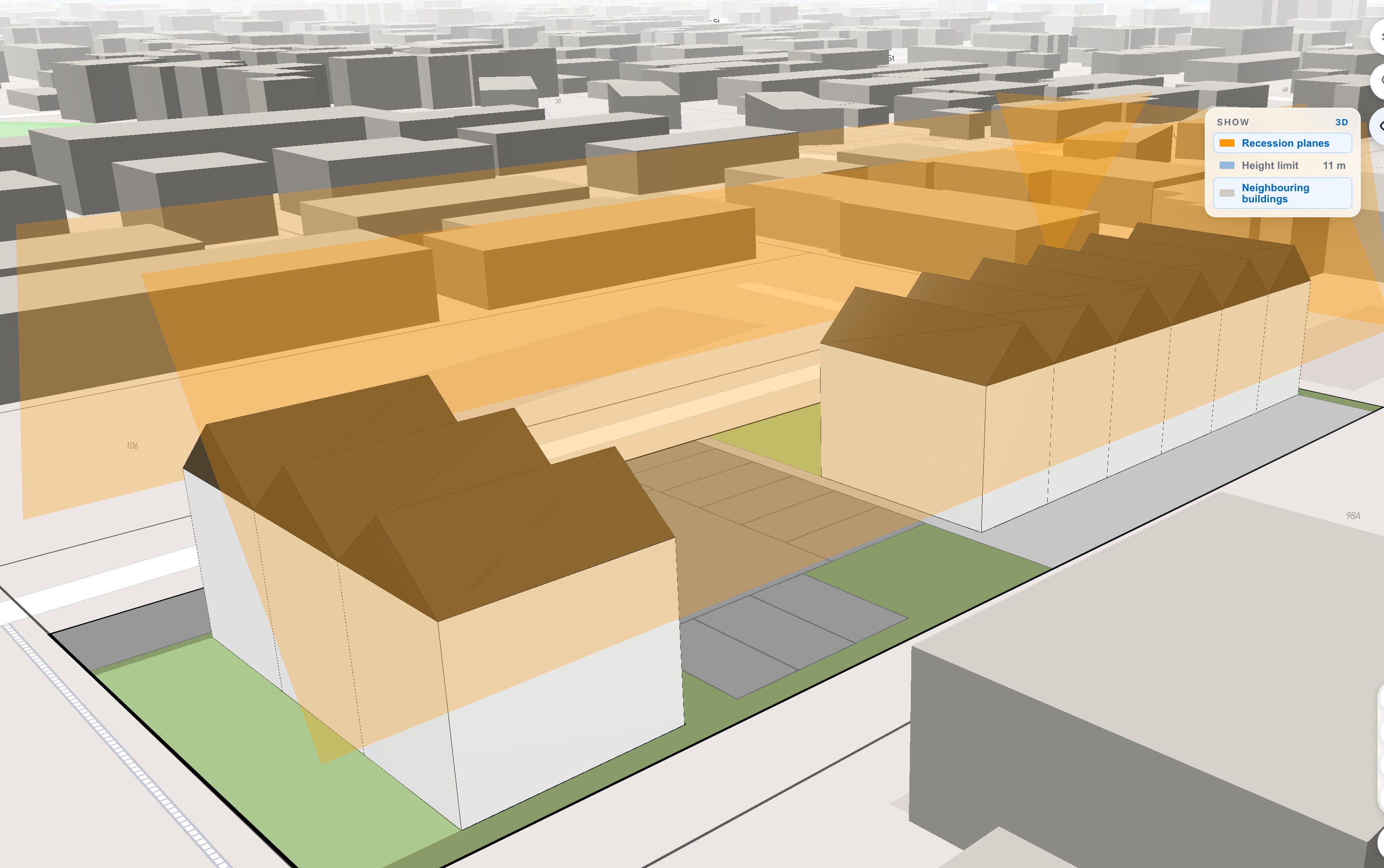 Three-dimensional massing of a generated eight-home design on a Champion Street site, with the recession planes it is measured against and the neighbouring buildings around it